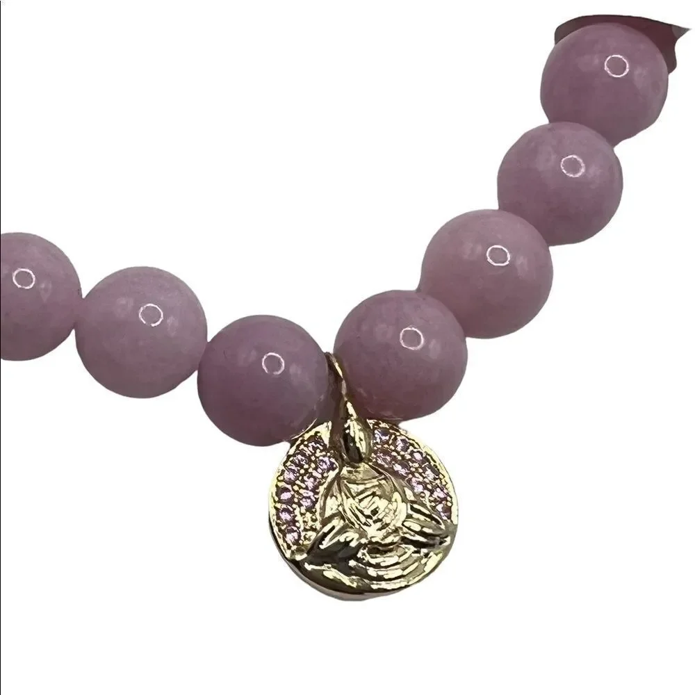 Kesi Jewels Macy's HE29 Rose Quartz Gold-Tone Buddha Charm Bead Bracelet NWT